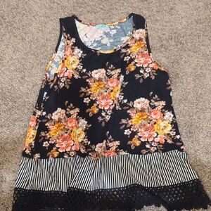 Floral Print Sleeveless Tank Top with Striped Hem